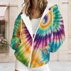 Women Plus Size Zip Up Hoodie Long Sleeve Drawstring Hood Pockets Green Beige Leaf Print Casual Top