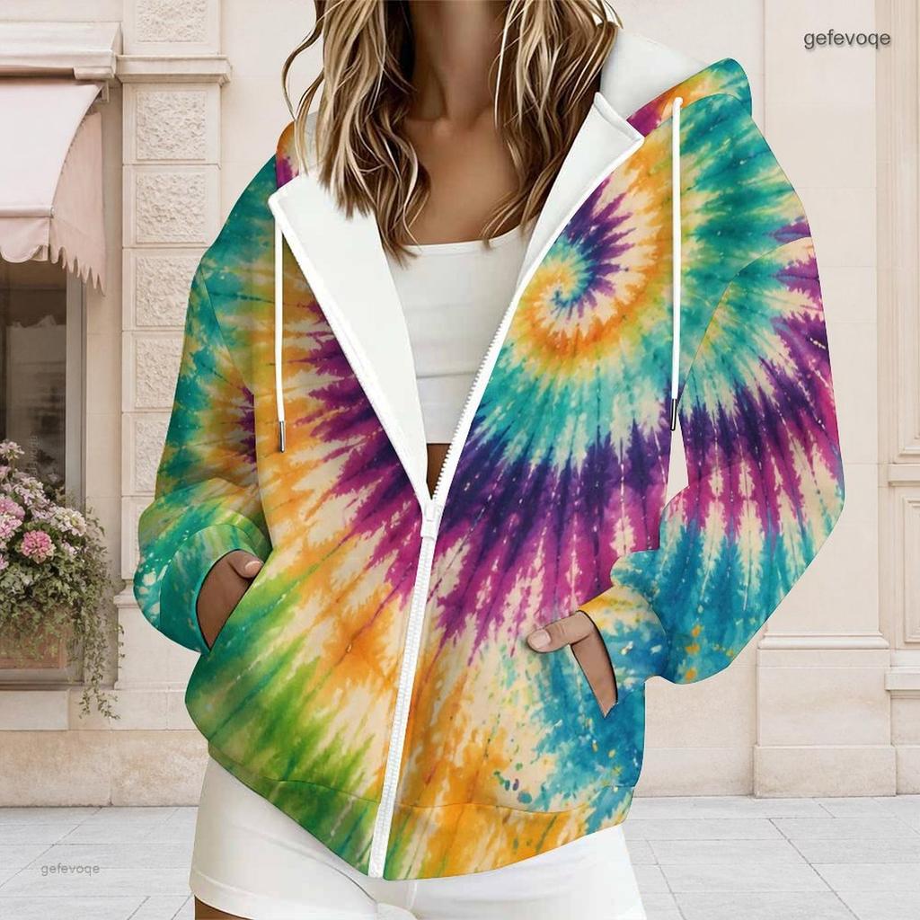 Women Plus Size Zip Up Hoodie Long Sleeve Drawstring Hood Pockets Green Beige Leaf Print Casual Top