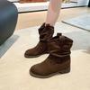 Khaki retro stacking boots cowboy boots women's autumn and winter 2025 new inner height increase thick heel soft surface Martin boots women