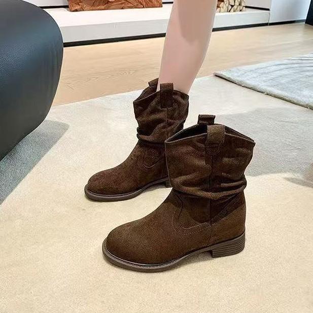 Khaki retro stacking boots cowboy boots women's autumn and winter 2025 new inner height increase thick heel soft surface Martin boots women