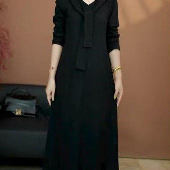 2025 Autumn/Winter Women's Long-Sleeve Loose Slimming Mid-Length Solid Color Dress