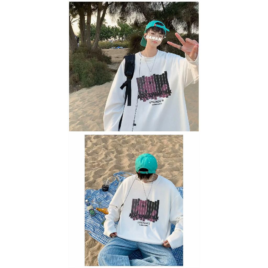 2024 Herren Langarm T-Shirt Herbst Unterhemd Langarm Baumwolle Herbst Hong Kong Stil Druck Lose Trendy Top