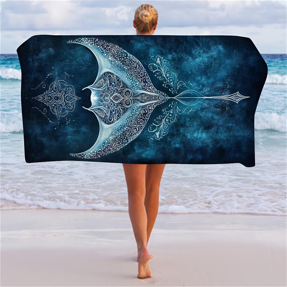 Lampada White Bohemian Manta Ray Mandala Beach Towel, Ocean Life Art Quick-Dry Sand-Free Microfiber Bath Towel For Summer Beach Travel