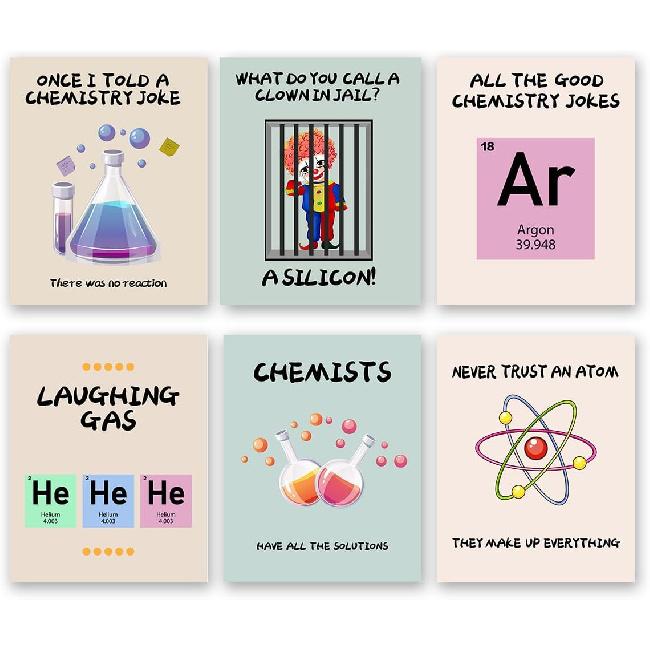 AIOCDIT Funny Science Posters Chemistry Puns Wall Art Prints,Classroom Educational Wall Decor Set of 6 (8 x10 ,Unframed).