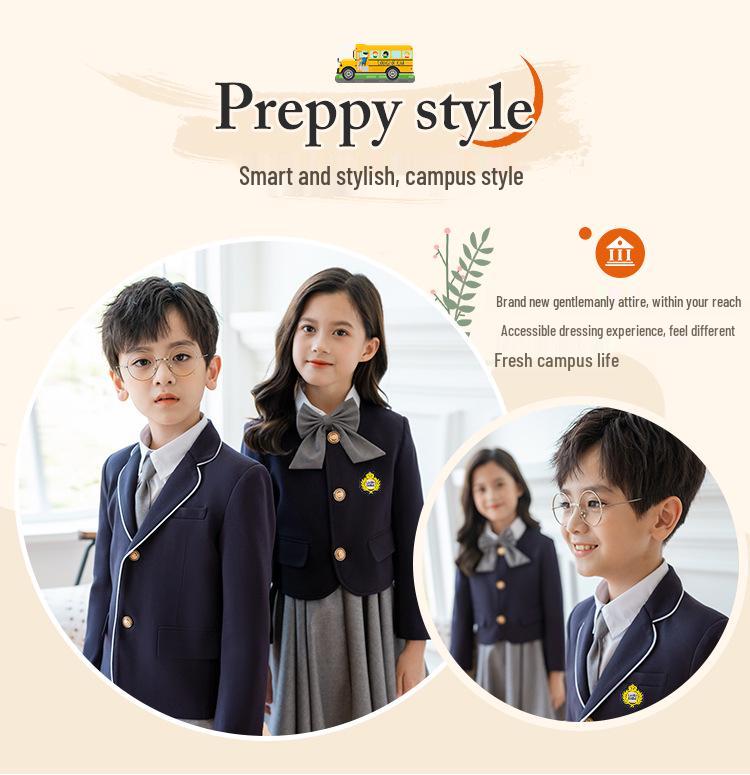 Children's Academy Style Formal White Shirt & Navy Jacket Suit Set for Elementary School Girls