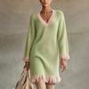 Women's Color V-Neck Knitted Dress with Long Sleeves, Casual Comfortable
