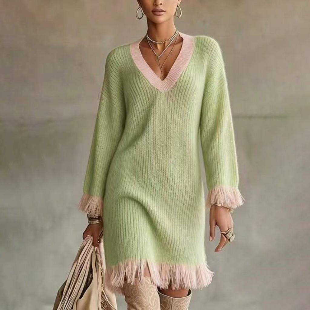 Women's Color V-Neck Knitted Dress with Long Sleeves, Casual Comfortable