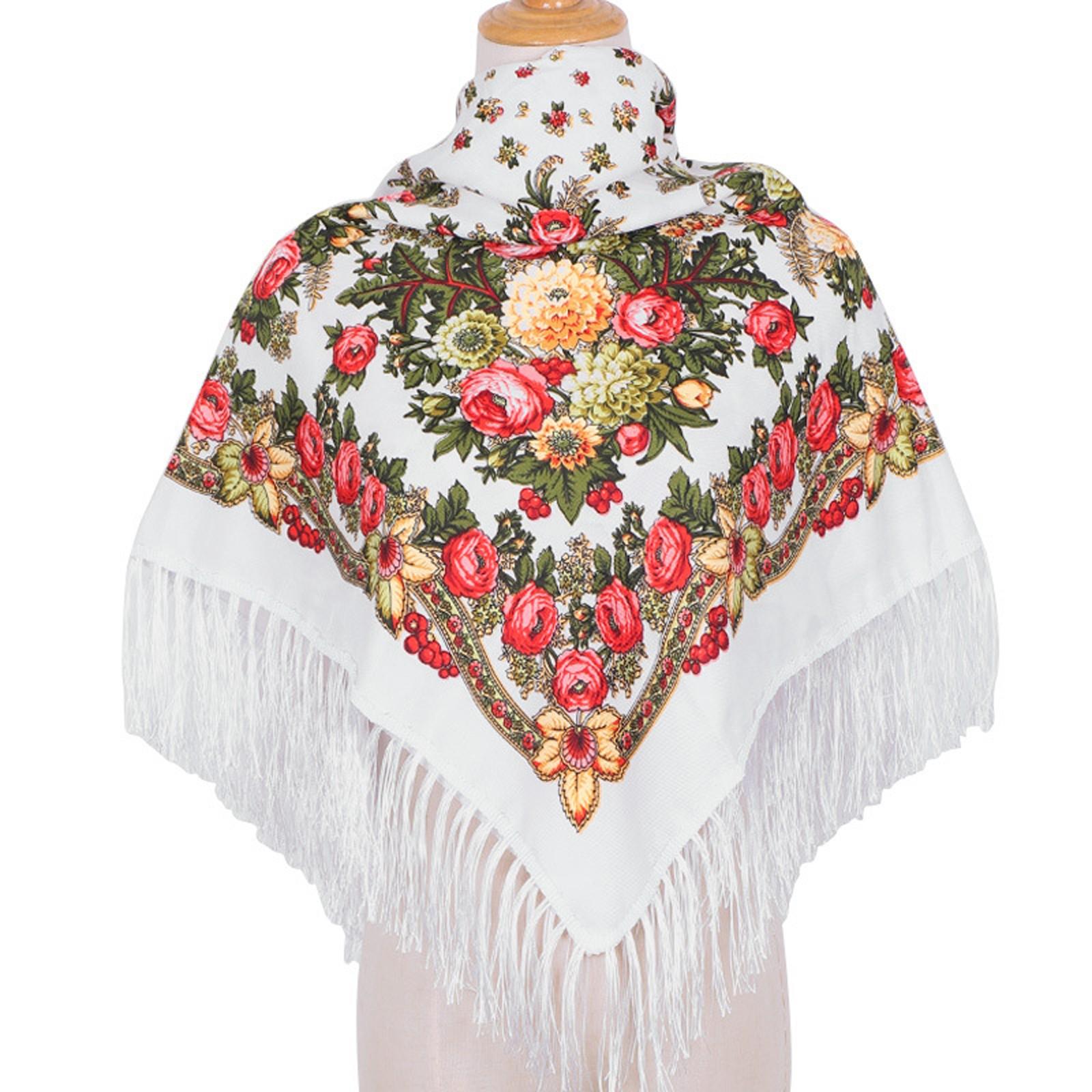 

Этнический тюрбан, шарф для головы, женский винтажный дорожный напечатанный платок с кисточками, верхняя одежда, напечатанный квадратный шарф One Size белый