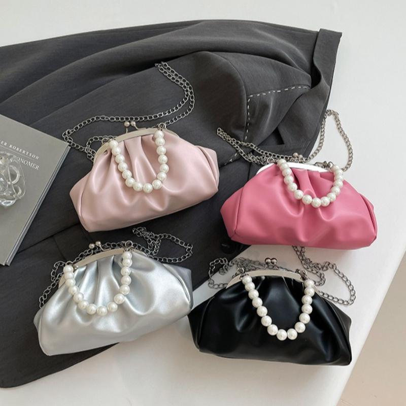 French Elegant Women Pu Shell Shoulder Bags Large Capacity Ladies Clip Crossbody Bag Pleated Cloud Design Pearl Handbags Clutch