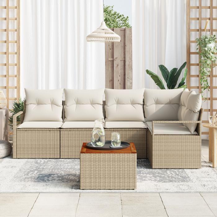 Ensemble de Canapés de Jardin de 6 pièces avec Coussins Beige Poly Rattan Acacia, Canapé de Jardin 2 Places avec Coussins 3347708