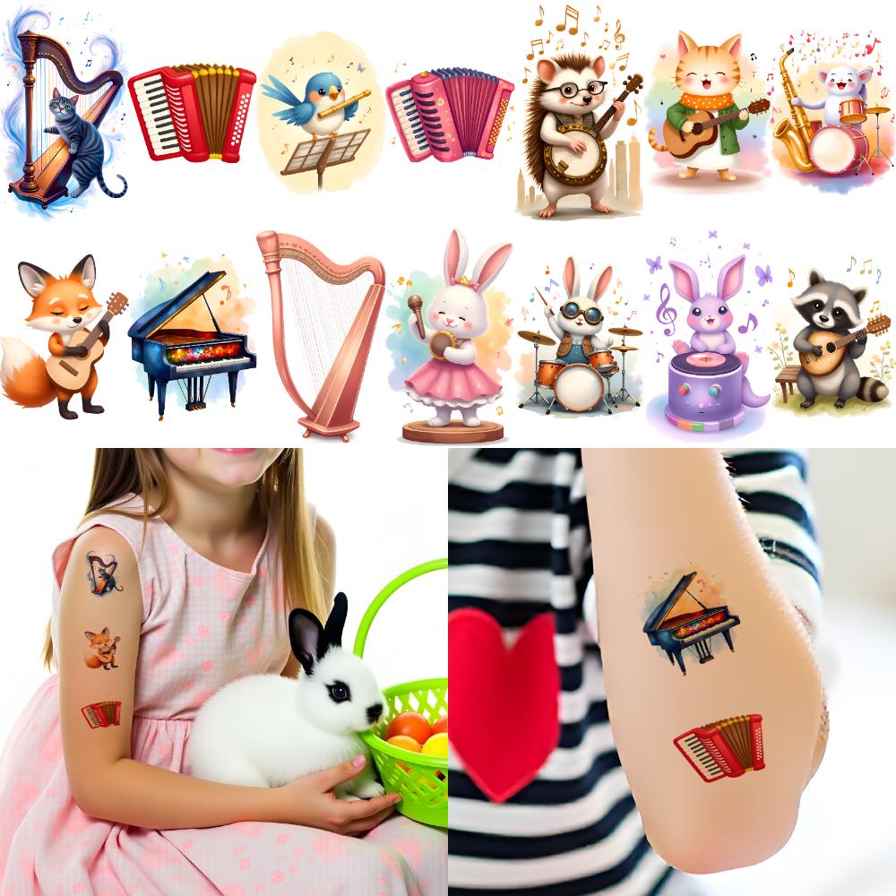 54pcs Temporary Tattoo Animal Musicians Cartoon Instrument Characters Temporary Tattoo Stickers For Children Cheeks Boys
