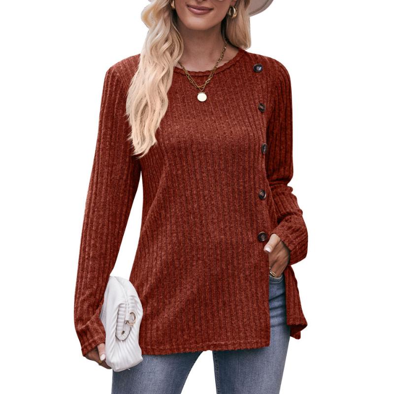 Autumn and Winter Women's Blouse Solid Color Round Neck Pit Stripes Abrasion Slit Fashion Button Long Sleeve Tops