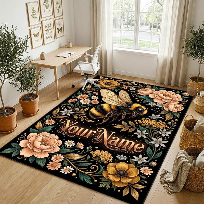 Bee Theme Soft Crystal Velvet Rug Custom Name & Text Print Non Slip Floor Rug for Bedroom Living Room