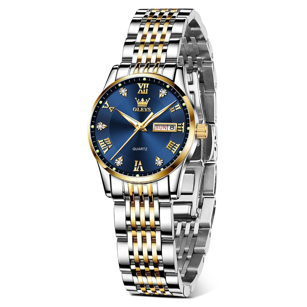 OLEVS Stylish Business Luminous Analog Watch with Blue Analog Quartz Date Day of the Week Stainless Steel and Blue A Stylish and Lightweight A Great