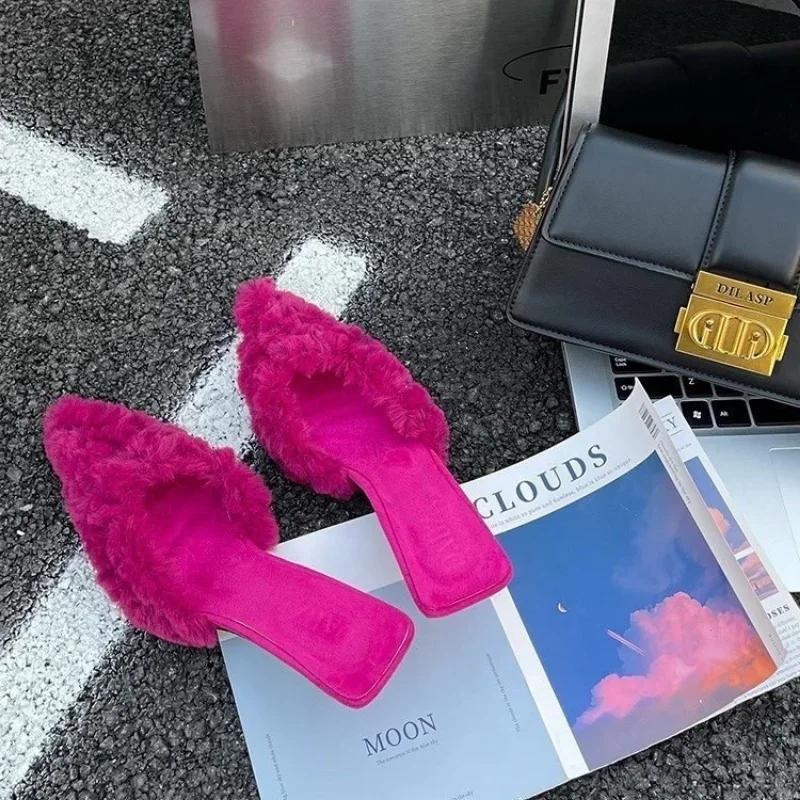Fashion Women High Heels Shoes Suede Slippers 2025 New Trend Spring Fashion Party Sexy Pumps Casual Ladies Stilettos Sandals Fur Mujer