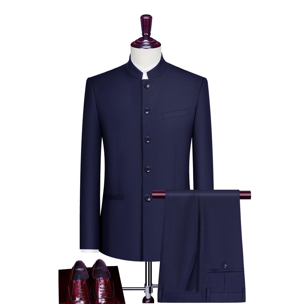 Men's Slim Fit Zhongshan Suit Set - Chinese Style Tuxedo with Stand-Up Collar, Four Seasons Wear