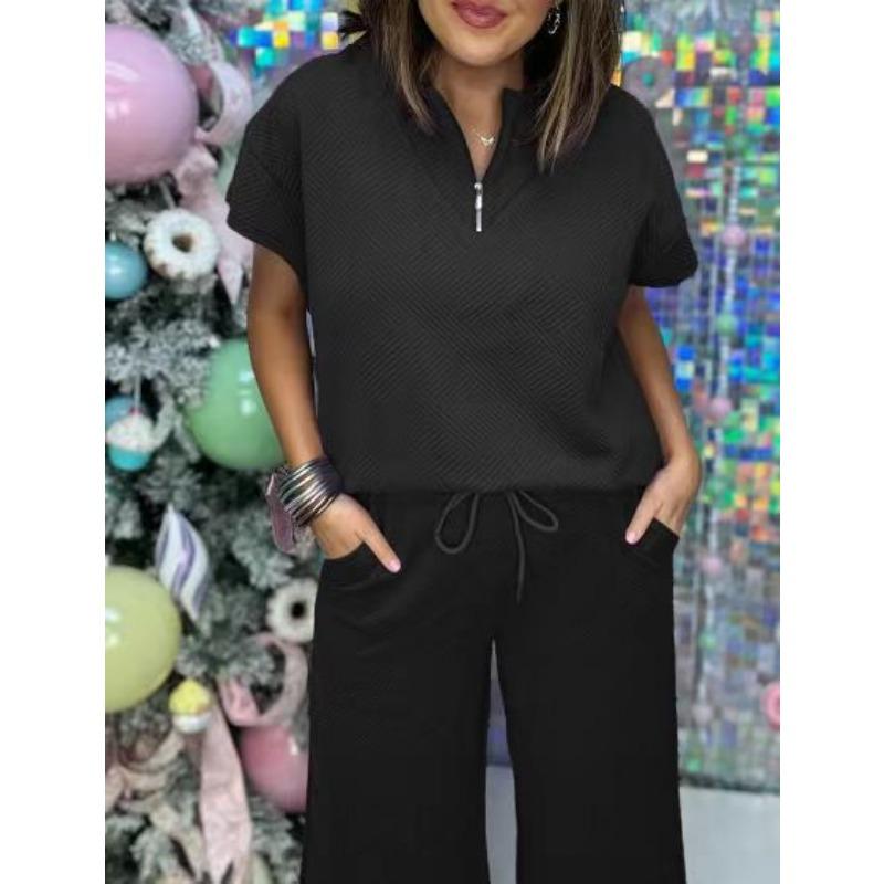 

YYFS Женская мода Повседневный Лето Весна Однотонный Принт Короткий Рукав V-образный Вырез Брюки Костюмы XXXL чёрный