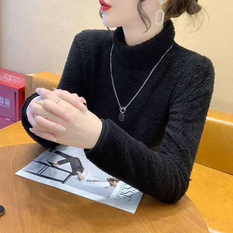 Double Sided Coral Fleece High Neck Long Sleeved Base Shirt for Women Versatile Loose Fitting Inner Outer Women's Warm Jacket T-Shirts Women’s