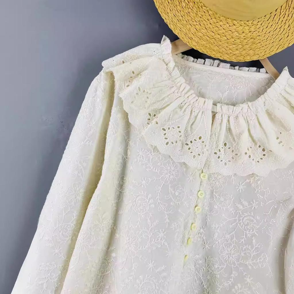 New Mori doll collar long-sleeved solid color cotton embroidered shirt loose version shirt for women Maillard to wear