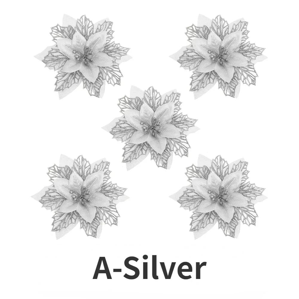 20/5PCS Artificial Glitter Christmas Flowers with Clip Xmas Tree Hanging Ornament Fake Flower New Year Party Home Decor Supplies