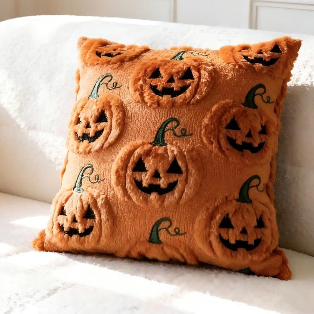 Niedliches Geister-Besticktes Kürbis-Plüschkissenbezug Halloween Dekorative Kissenhülle für Zuhause Sofa Schlafzimmer Stuhl Festliche Dekoration