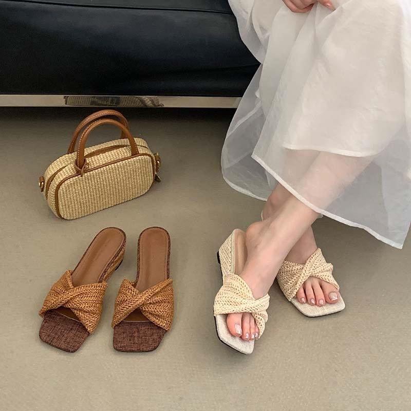 Woven Wedged One-Word Slippers Women'S Summer Wear Heightening Cool Slippers Bohemian Sandals