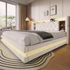 Letto imbottito con contenitore 180 × 200 cm, Letto in velluto con testiera multifunzionale, Illuminazione a LED, 2 Porte USB e Type-C, Idraulico, Beige