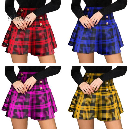 Stylish Check Print Skirt Button-Decorated Elegant Plaid Fashionable Soft And Breathable Commuter Style Polyester Material High Waist Pleated