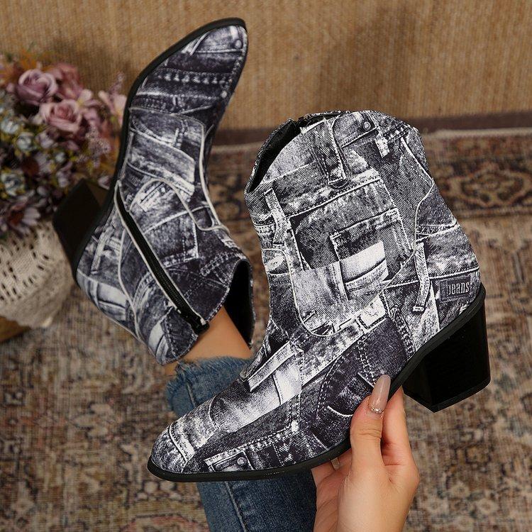 

Европейская и американская внешняя торговля новые джинсовые туфли на высоком каблуке короткие ботинки Мартин женские тонкие в ретро-стиле остроносые ковбойские ботинки Азия 43