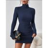 Mode Rollkragen Damen Strick Kurzkleid Herbst und Winter Neu Langarm Rippstrick Hüftbetont Lässige Partykleider Bodycon Schlichte Kleidung 2708