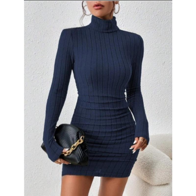 Mode Rollkragen Damen Strick Kurzkleid Herbst und Winter Neu Langarm Rippstrick Hüftbetont Lässige Partykleider Bodycon Schlichte Kleidung 2708