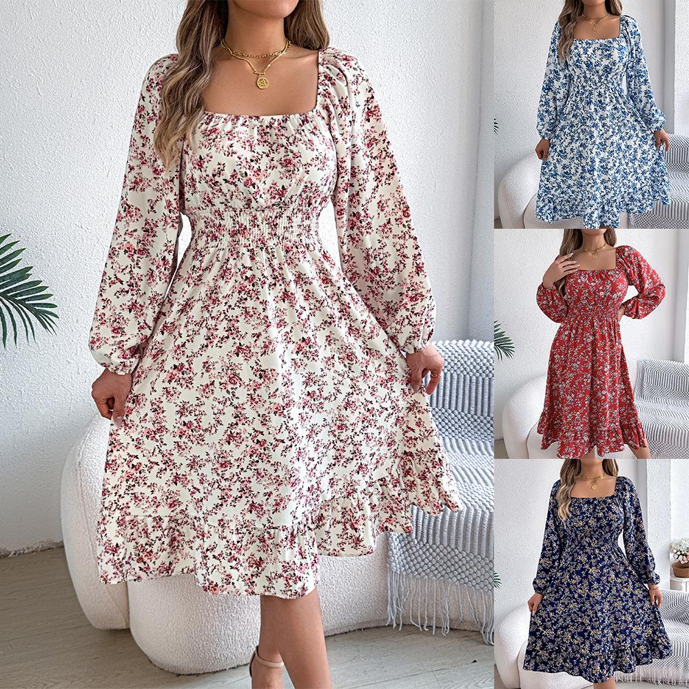 Elegant Floral Square Neck Long Sleeve Waisted Ruffled A Line Midi Dress For Women