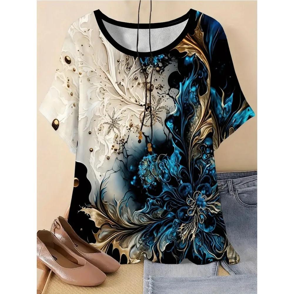 Retro Flower 3D Printed Short Sleeved T-shirt Fashionable Comfortable Soft Breathable Large Loose Womens T-shirt