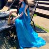 Summer French design blue streamer dark flower suspender dress women's holiday style lined pendulum long skirt