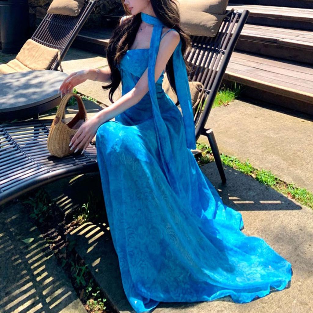 Summer French design blue streamer dark flower suspender dress women's holiday style lined pendulum long skirt