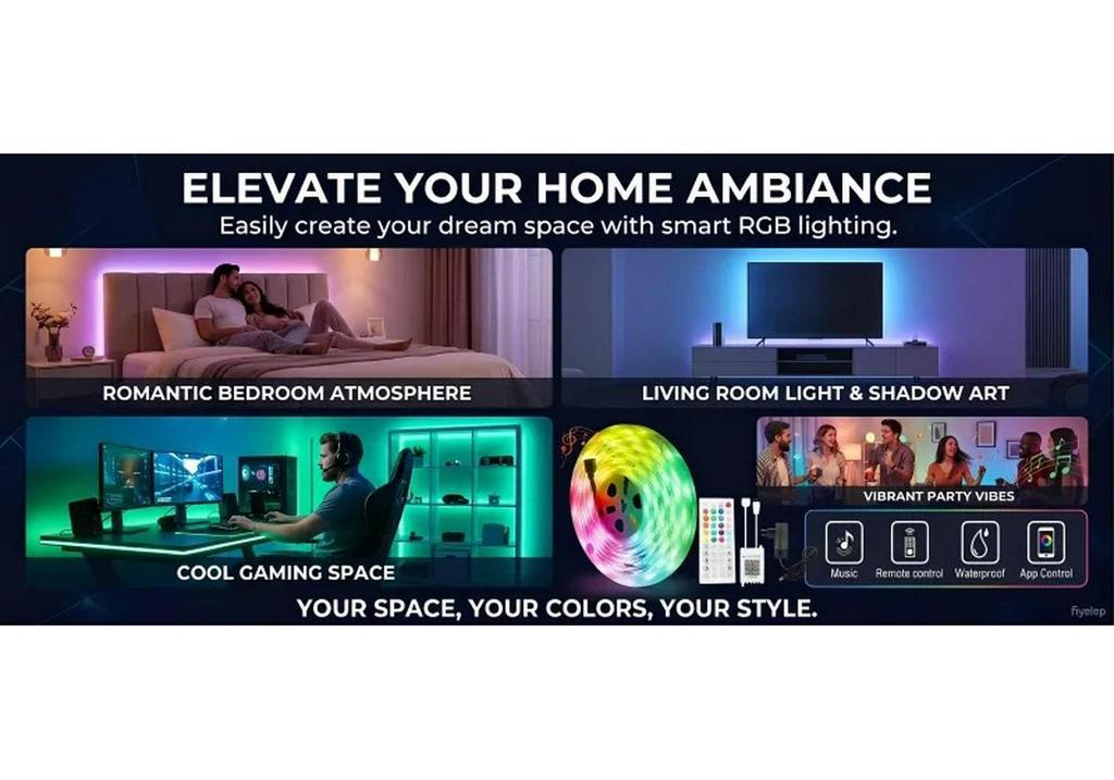 12V RGB Bluetooth 5050 LED Strip Light Set, 44-Key Remote & App Music Sync, Seven-Color Atmosphere Lighting for Bedroom