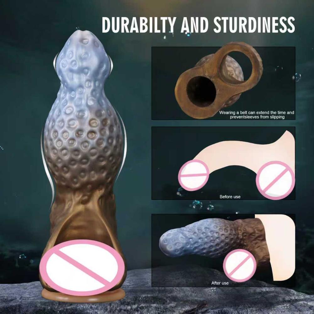 Liquid Silicone Penis Sleeve - Thicker Longer Hollow Design with Built-in Massage Beads Adult Sex Toy