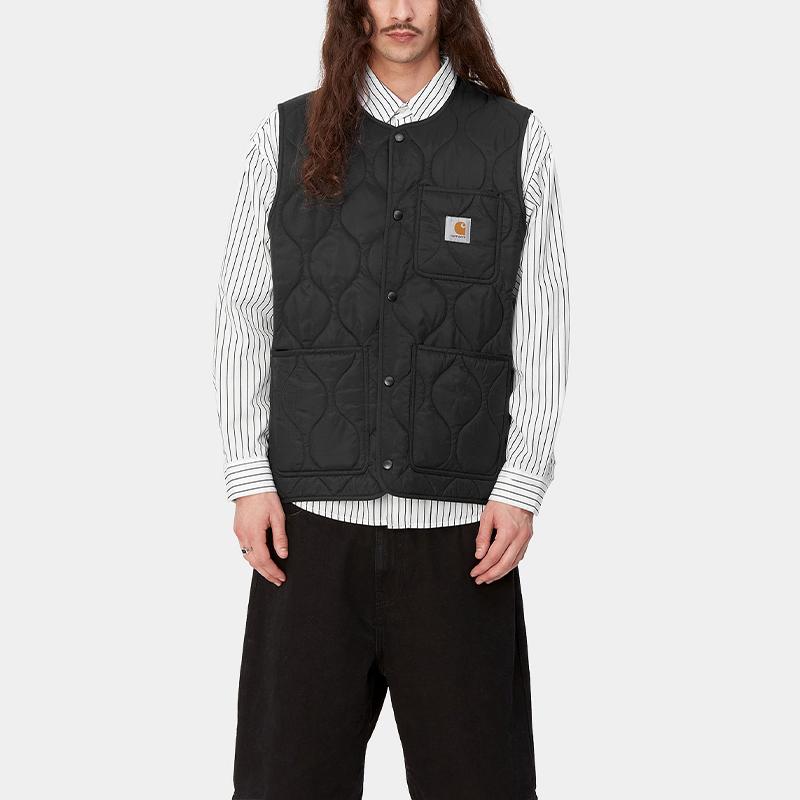 Carhartt WIP SS24 Skyton Vesta Tkaný čtvercový štítek Zapínání na patentky Kulatý výstřih Vesta Pánské vesty Černá I032989-89-XX