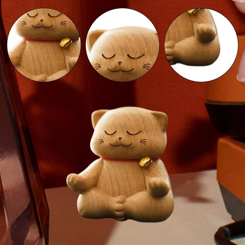 Carved Wooden Cat Statue Animal Figure Desk Carving Ornament Miniature Kitten Figurine for Companies