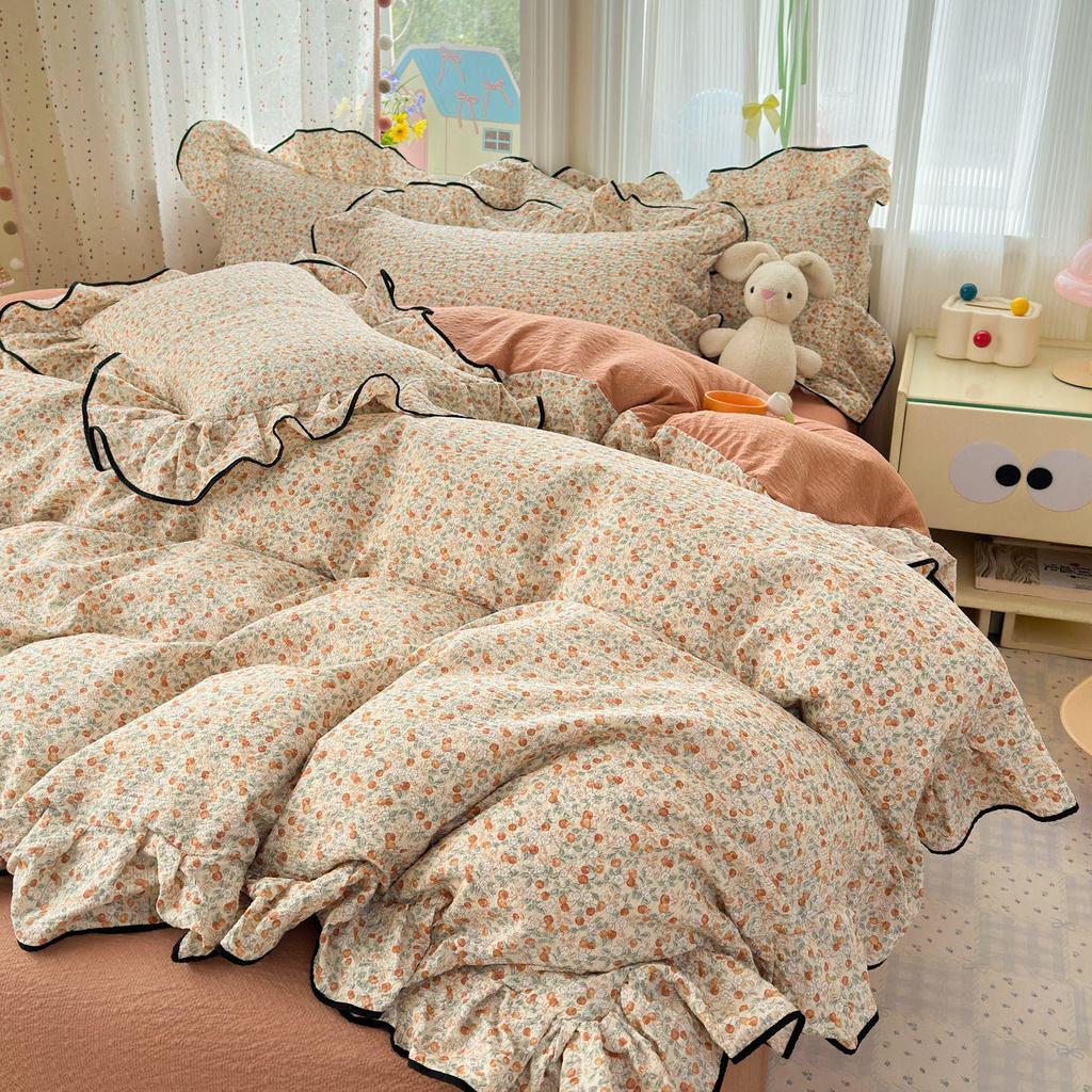 Bubble Cotton Fresh Floral Lace Bedding Set - 4-Piece Soft Duvet Cover & Sheet