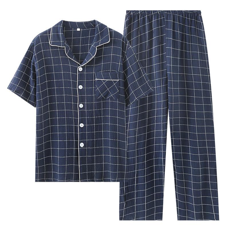 Unprinted quality pajamas short-sleeved men's double-layer crepe yarn pure cotton summer thin plaid suit loungewear