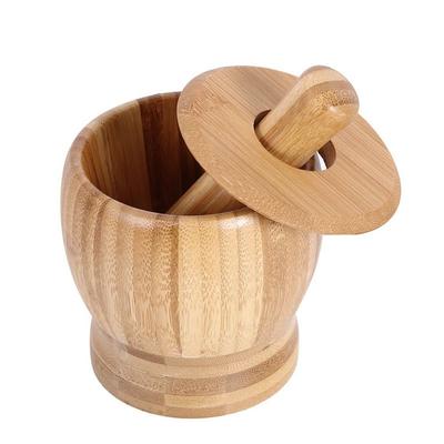 Premium Bamboo Wooden Mortar and Pestle Set Splash-proof Grinding Bowl with Lid  Spice Mixing