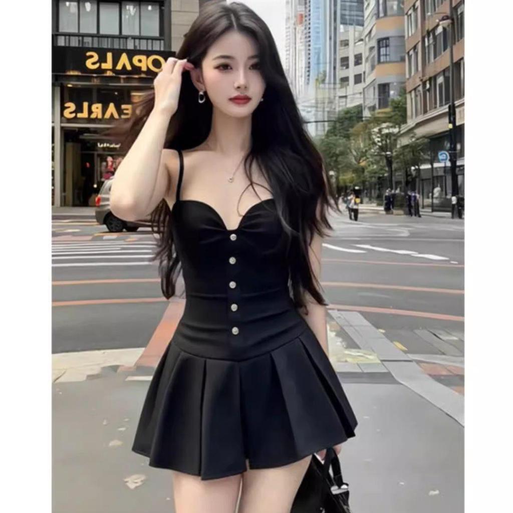 Women's High-End Black Pleated Spaghetti Strap Dress - Sexy, Exquisite, Lightweight Summer Short Skirt