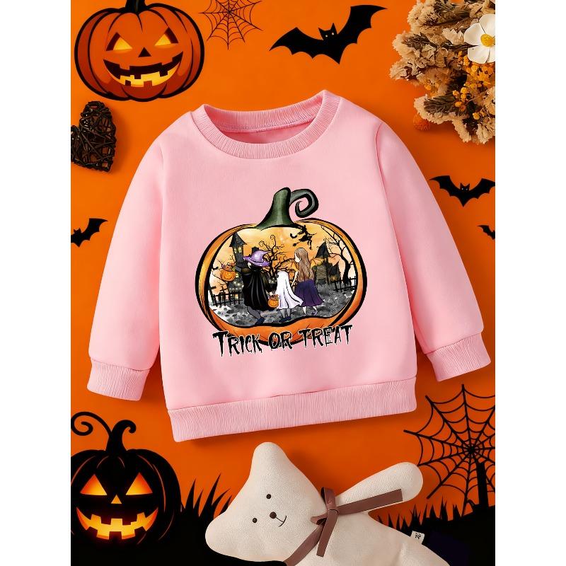 Kids Crewneck Sweatshirt, Halloween TRICK OR TREAT Print with Pumpkin Silhouettes & Witch Girl Carrying Pumpkin Basket
