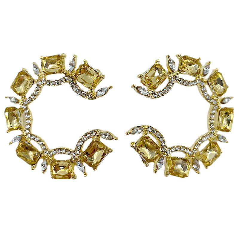 Women's Fashionable Exaggerated C-Shaped Metal Earrings with Color Gems and Rhinestones