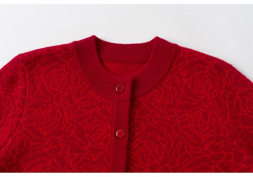 Women's Fashionable Red Pure Wool Jacquard Sweater Coat for Middle-Aged and Elderly Mothers