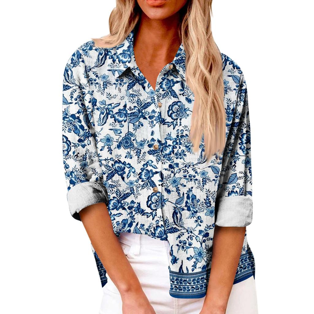Women's Loose Floral Print Stand Collar Long Sleeve Cotton And Linen Top