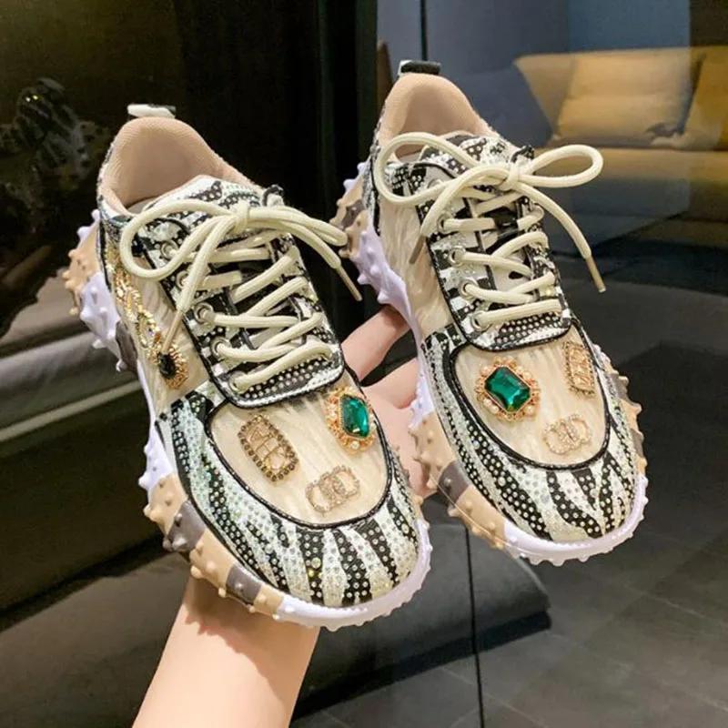 Party Queen Shoes New Rhinestone Womens Sneaksers Diamond Breathable Luxury Casual Thick Bottoms Dad Sports Shoe  Muje
