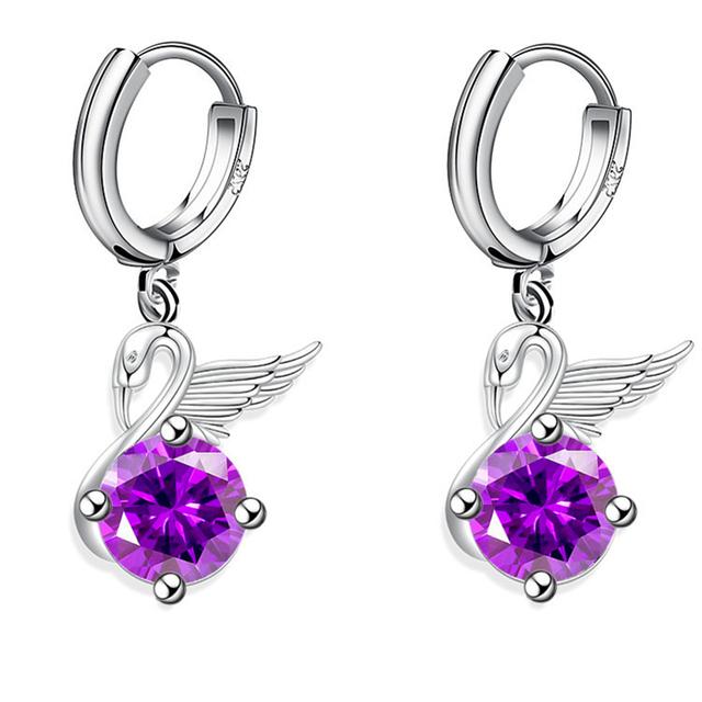 

925 штамп посеребренные женские серьги милый гусь подвеска в форме капли разноцветные серьги с цирконом для женщин ювелирные изделия для девочек фиолетовый