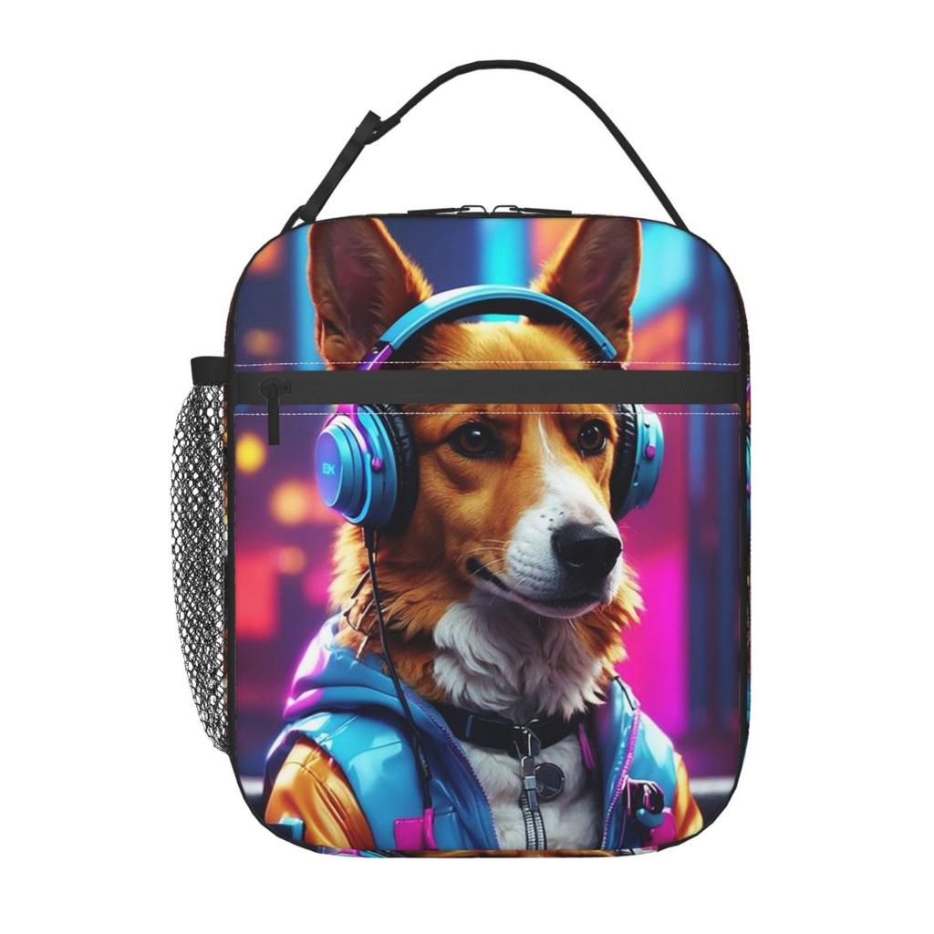 Dog Wearing Headphones And Colorful Jacket Print Insulated Lunch Bag for Women Kids Portable Food Boxes Thermal Lunch Box Tote